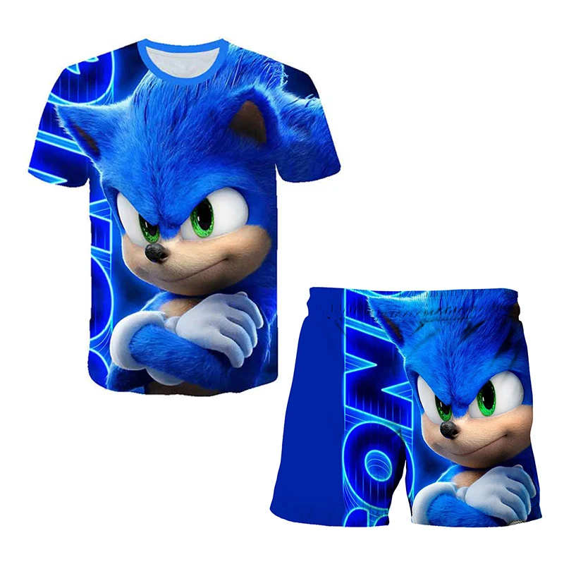 Color: WHITE, Size: 25cm - New Japanese cartoon Sonic T-shirt children's top T-shirt shorts two-piece set summer boy cartoon cute T-shirt+beach pants
