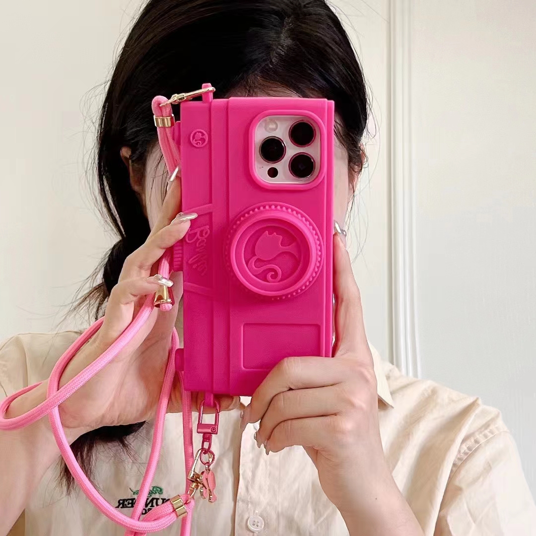 Material: Canvas, Color: Beige - Pink Camera Case For iPhone 15 14 13 12 11 Pro Max Kawaii Fashion Case Fashion Pendant Cute Girl
