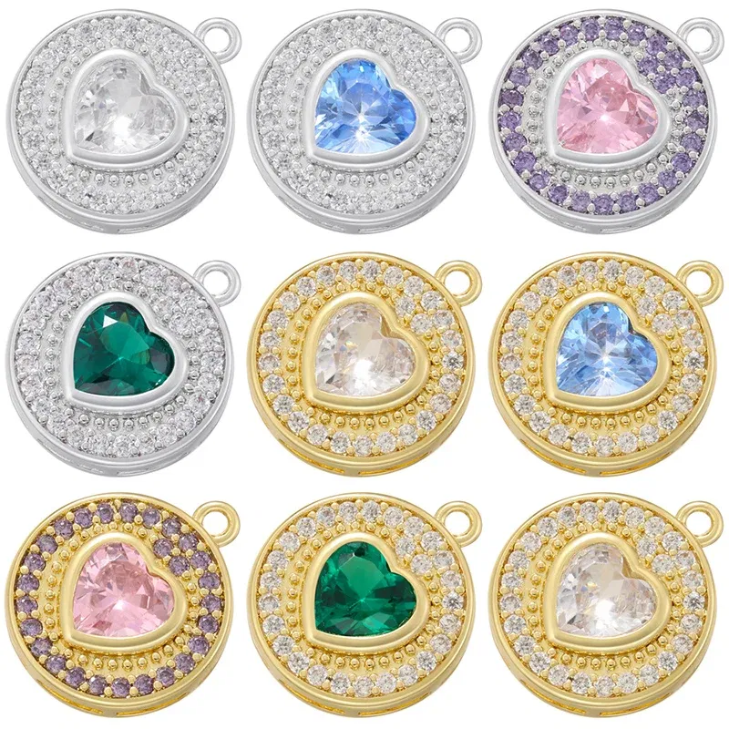 Metal color: Imitation Rhodium Plated - ZHUKOU Round jewelry pendants Pink Heart Cubic Zirconia charms for jewelry making Brass accessories Supplies for jewelry VD1357