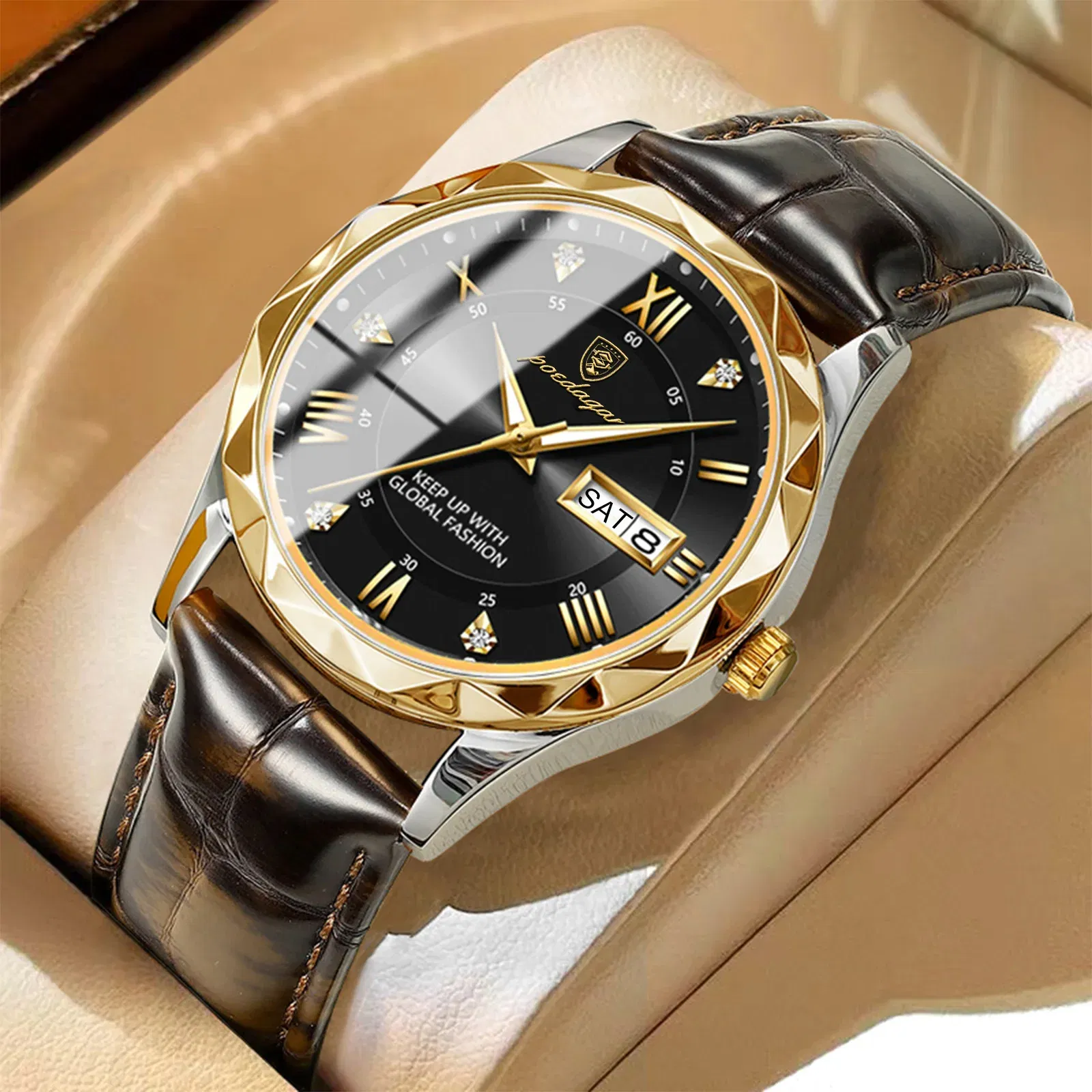 Color: Red - POEDAGAR Luxury Business Man Wristwatch Waterproof Luminous Date Week Men Watch For Men Quartz Clock Leather Men's Watches reloj