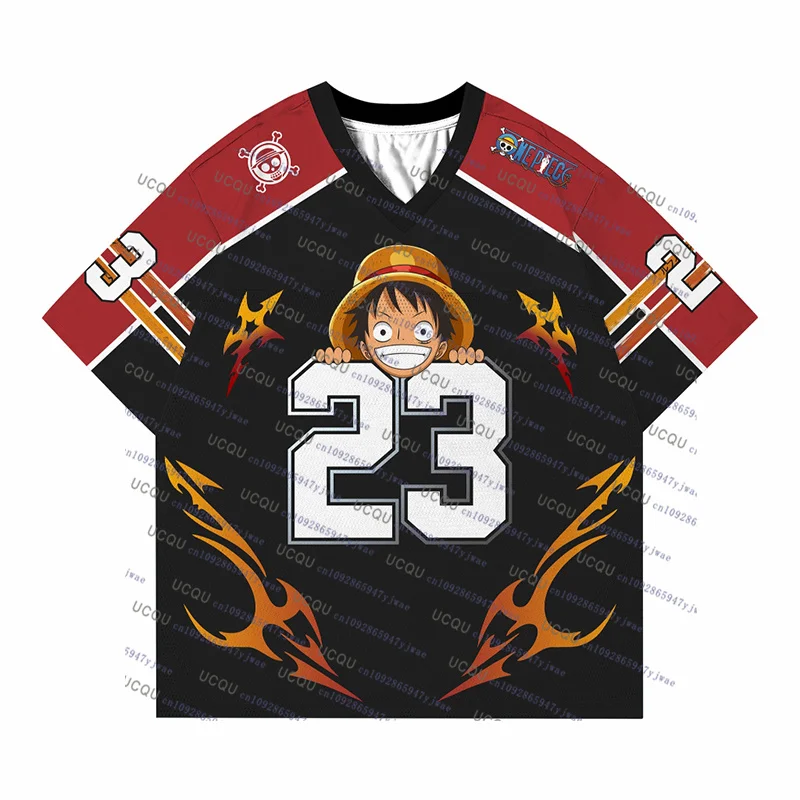 Color: Red, Size: 8cm - 2025 Japanese Anime Football Jersey One Piece Luffy Men/Women Oversize Summer Quick Dry Sport Breathable Bandai Cosplay Tshirt