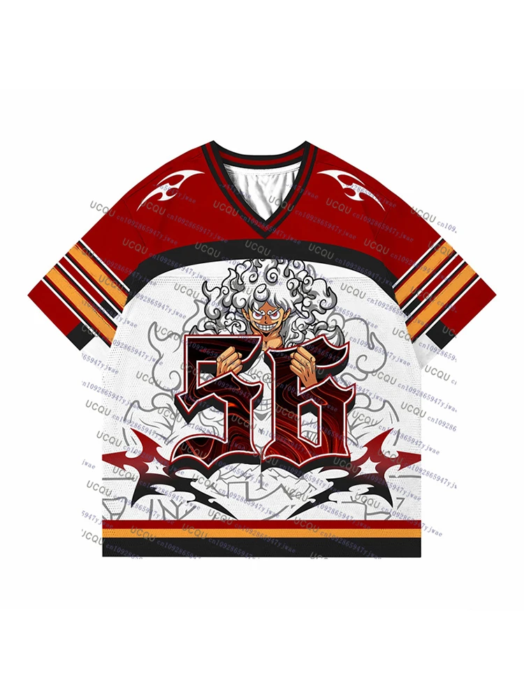 Color: Red, Size: 8cm - 2025 Japanese Anime Football Jersey One Piece Luffy Men/Women Oversize Summer Quick Dry Sport Breathable Bandai Cosplay Tshirt