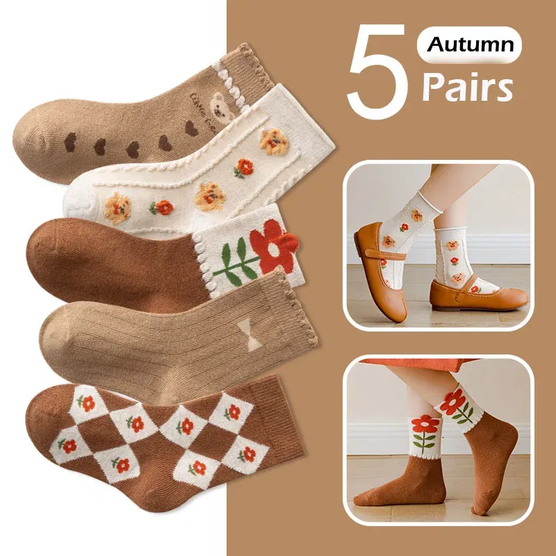 Color: green, Size: 7-9T - Kids Socks Warm Cotton Autumn Spring Socks Girls Calf Length Coffee Khaki Bear Socks Baby Sock
