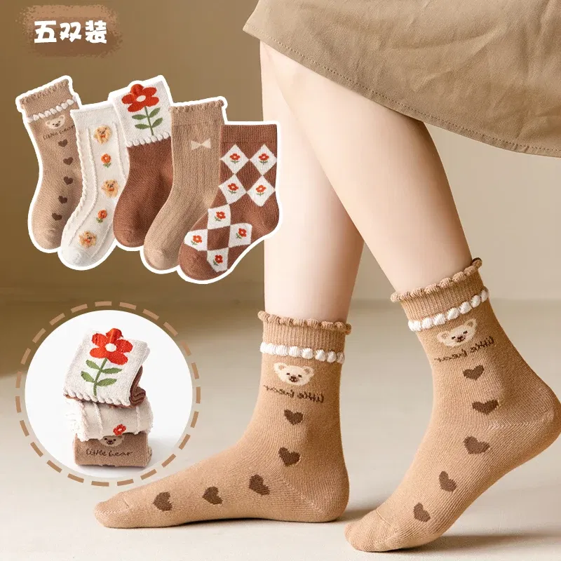 Color: green, Size: 7-9T - Kids Socks Warm Cotton Autumn Spring Socks Girls Calf Length Coffee Khaki Bear Socks Baby Sock