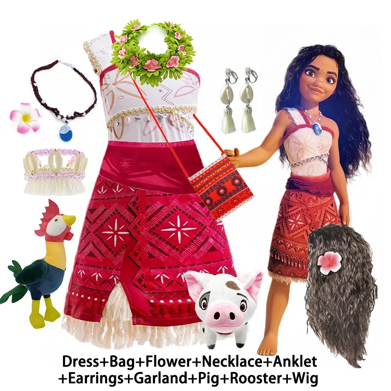 Color: army green, Kid Size: 17 - Disney Movie Moana 2 Girl Dress Cosplay Party Costume Ocean Adventure Princess Fancy Clothes Children Vaiana Outfit Dress