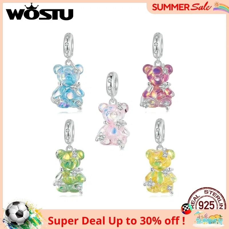 Gem Color: GRAY - WOSTU Real 925 Sterling Silver Princess Pink Bear Bead Blue Rose Red Bears Pendant Charms Fit Bracelet Neckalce DIY Bithday Gift