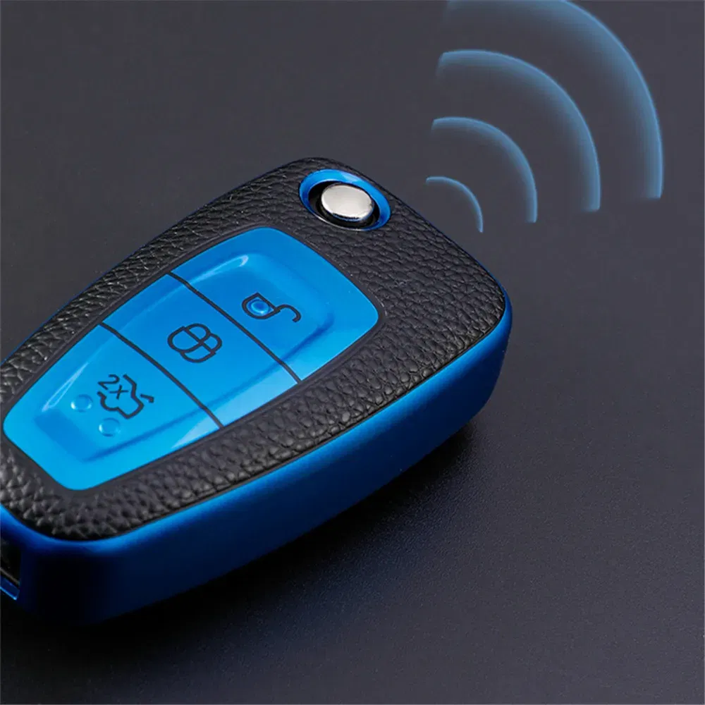Color Name: Green - Leather TPU Car Key Case Cover for Ford Ranger C-Max S-Max Focus Galaxy Mondeo Transit Tourneo Custom Auto Key Holder Keychain