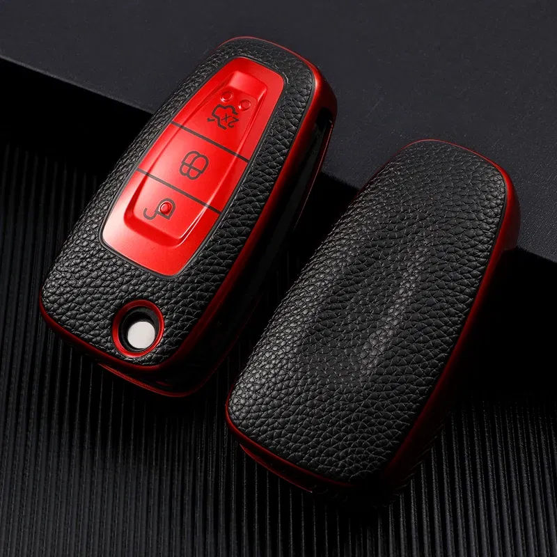 Color Name: Green - Leather TPU Car Key Case Cover for Ford Ranger C-Max S-Max Focus Galaxy Mondeo Transit Tourneo Custom Auto Key Holder Keychain