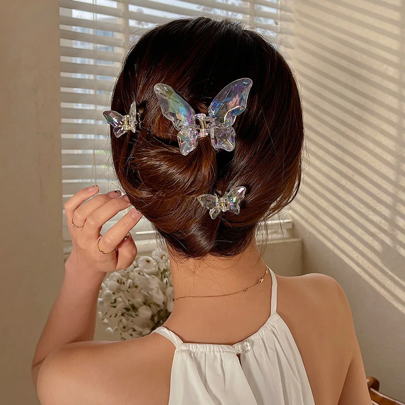 Color: Pink - 1Pc Sweet Hair Claws Sweet Fairy Butterfly Hairpin Clip Summer Acrylic Styling Tools Barrettes Women Girl Hair Accessories