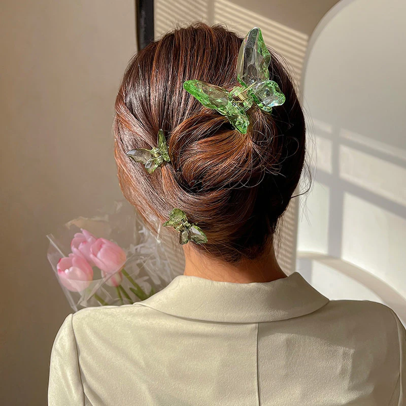 Color: Pink - 1Pc Sweet Hair Claws Sweet Fairy Butterfly Hairpin Clip Summer Acrylic Styling Tools Barrettes Women Girl Hair Accessories