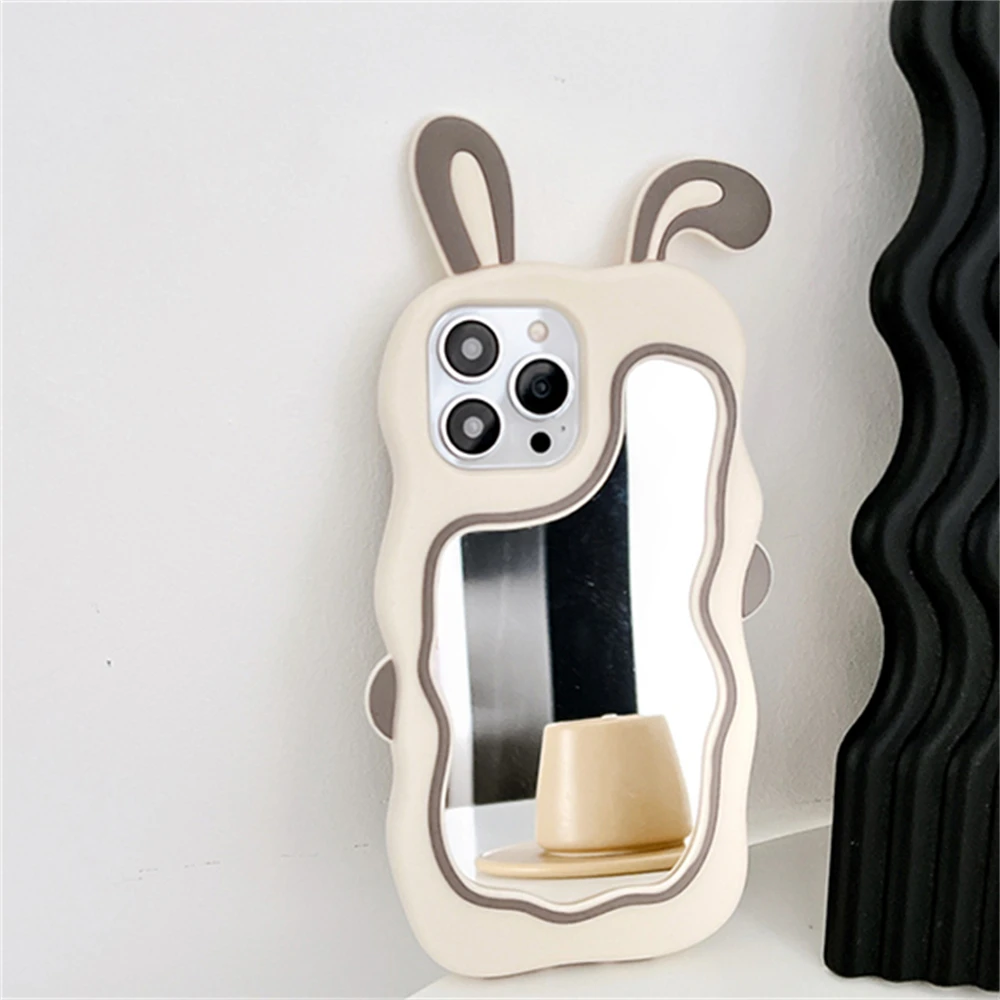 Color: Pink, Material: aluminum - Cute Bunny Ears Mirror Phone Case For iPhone 15 14 Plus 13 12 11 Pro Max Shockproof Silicone Case