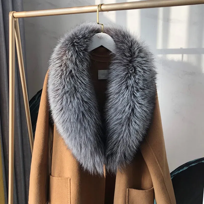 Color: army green, Size: XXL - 100% Natural Real Fox Fur Collar For Women Men Coat Jacket Fur Scarf Winter Extra Large Size Neck Warmer Fur Scarf Shawls Wraps