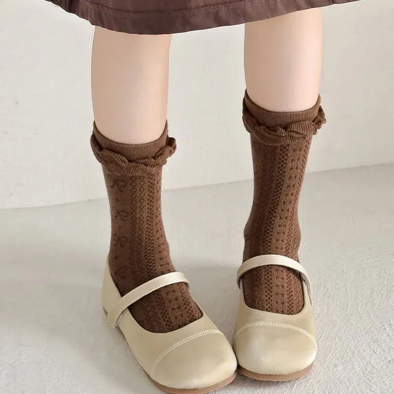 Color: black, Size: 10-12T - Girls Ruffle Socks Baby Mid Calf Socks Autumn Children's Socks Retro Maillard Style Cotton Socks