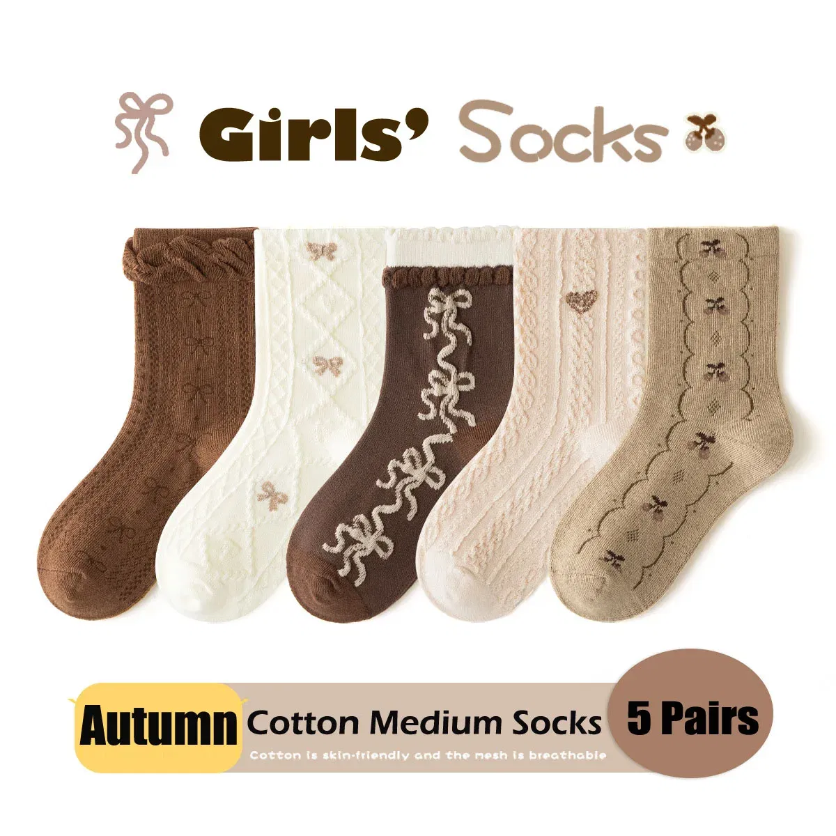Color: black, Size: 10-12T - Girls Ruffle Socks Baby Mid Calf Socks Autumn Children's Socks Retro Maillard Style Cotton Socks