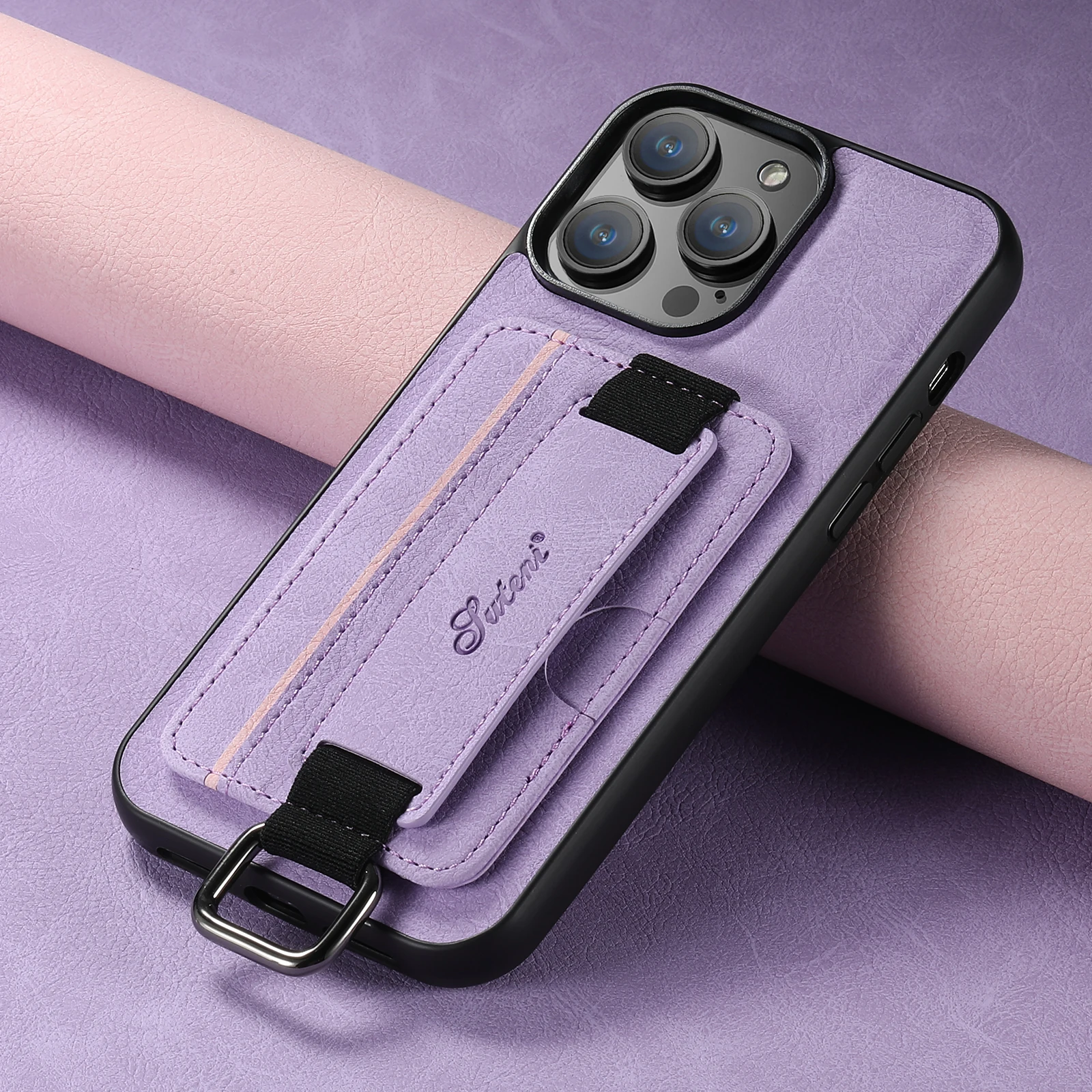 Color: PURPLE, Material: TPU - SUTENI Lychee skin print wrist strap card phone case Card holder for iPhone 16 ProMax 15 Plus 14 13 12 11 XR XS Black/blue/brown