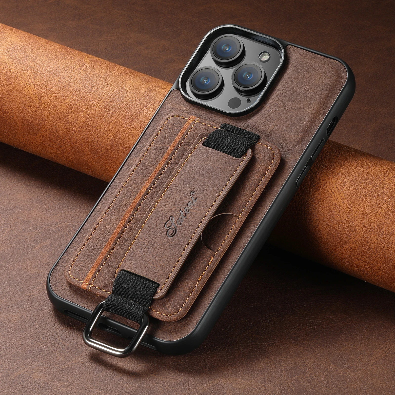 Color: PURPLE, Material: TPU - SUTENI Lychee skin print wrist strap card phone case Card holder for iPhone 16 ProMax 15 Plus 14 13 12 11 XR XS Black/blue/brown