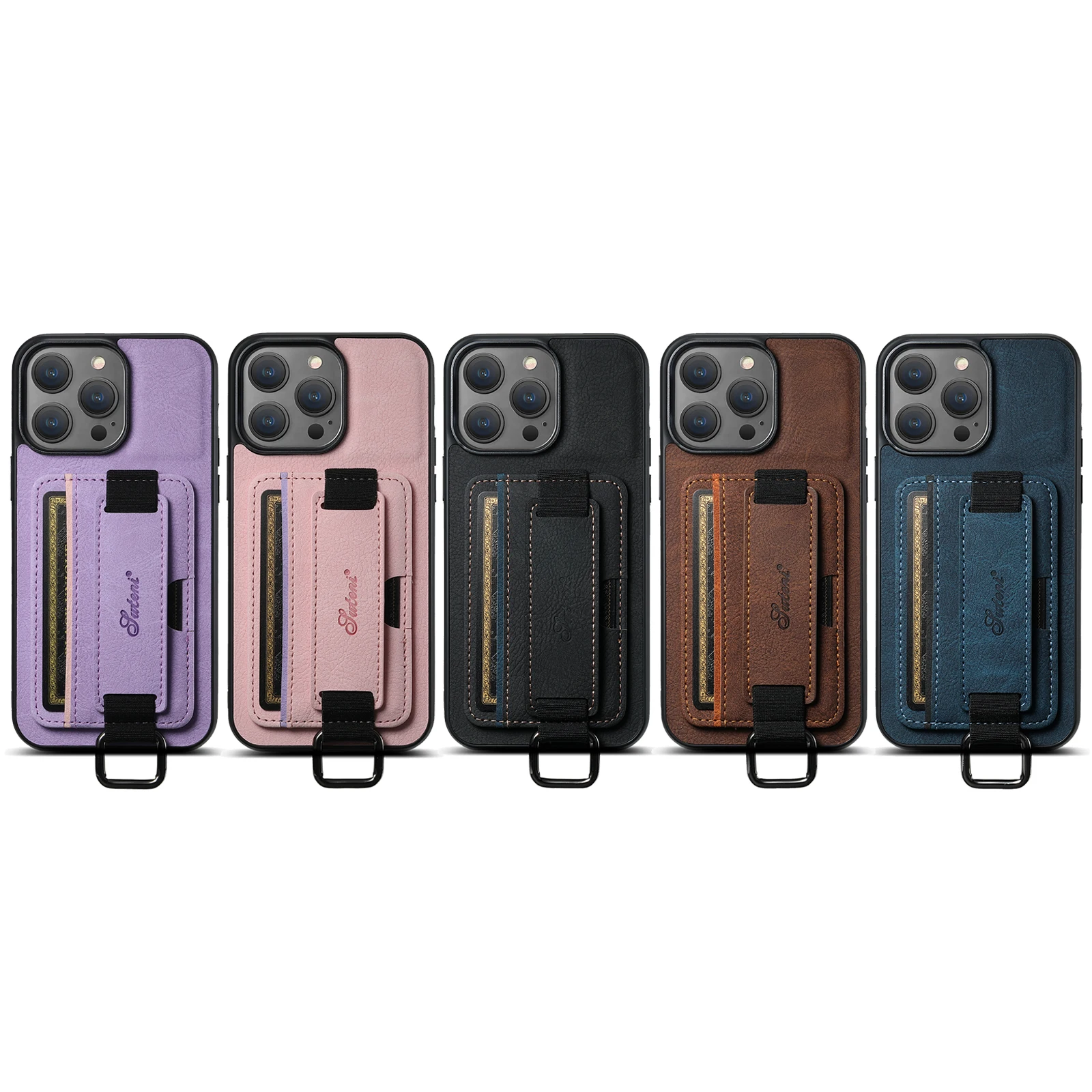 Color: PURPLE, Material: TPU - SUTENI Lychee skin print wrist strap card phone case Card holder for iPhone 16 ProMax 15 Plus 14 13 12 11 XR XS Black/blue/brown