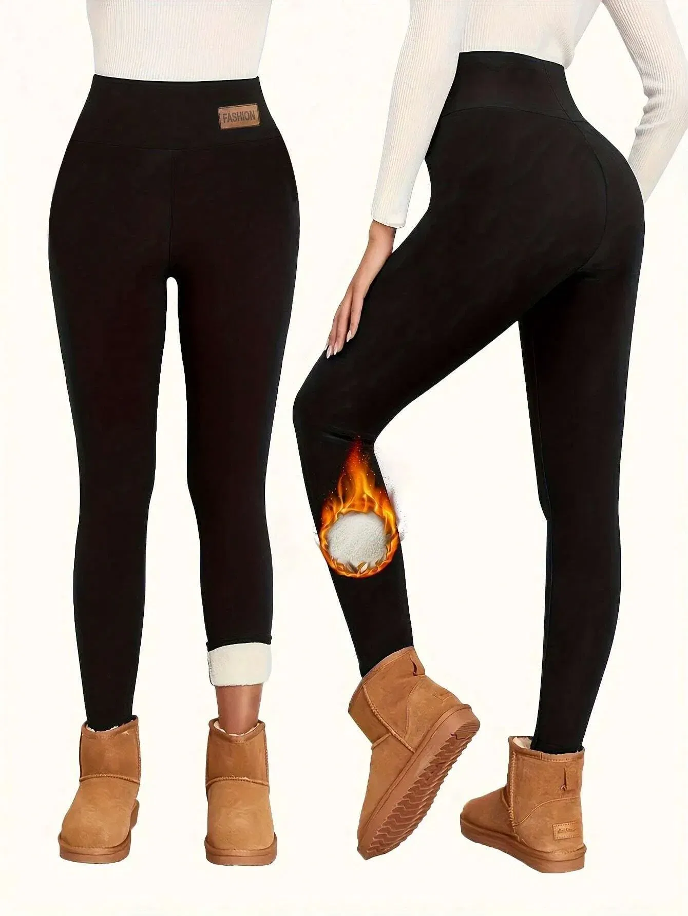 Color: Gold, Size: XL - Super Warm Winter Leatherlabel Leggings Of Women Skinny Stretch High Waist Prevent Cold Leggings Casual Classic Pants