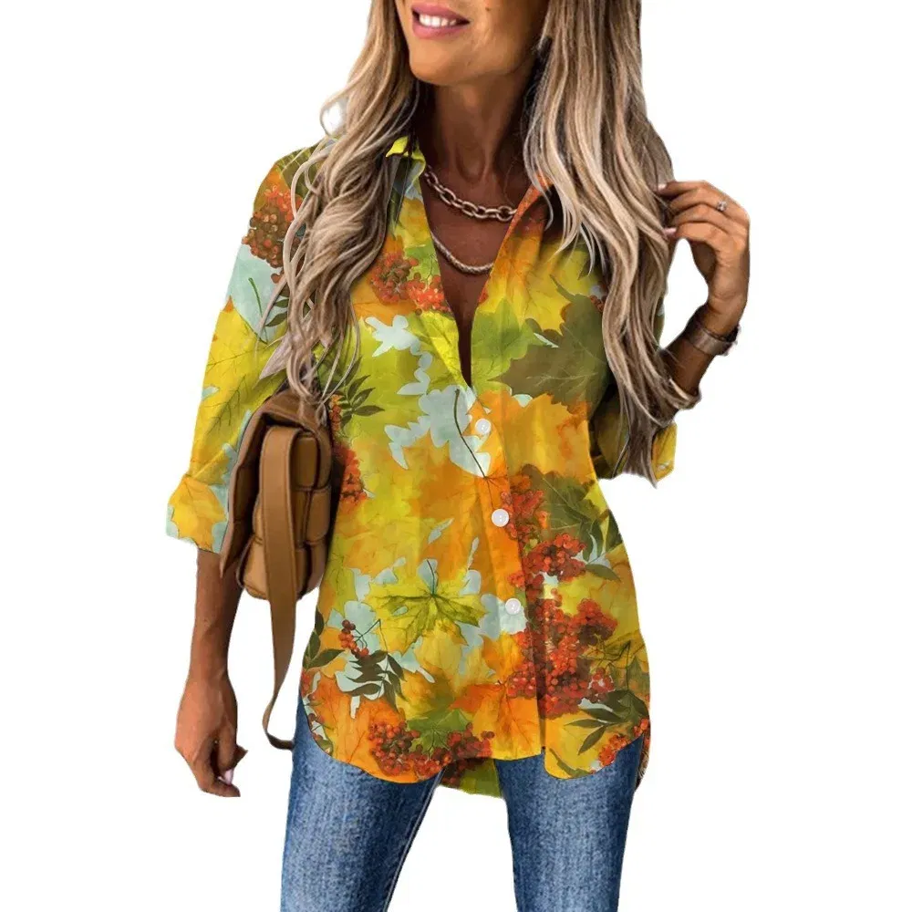 Color: army green, Size: XXXL - Ladies Long Sleeved Shirt Vacation Style Coconut Tree 3D Digital Printed Button Up Collar Loose Casual Ladies Blouse 2024 Autumn