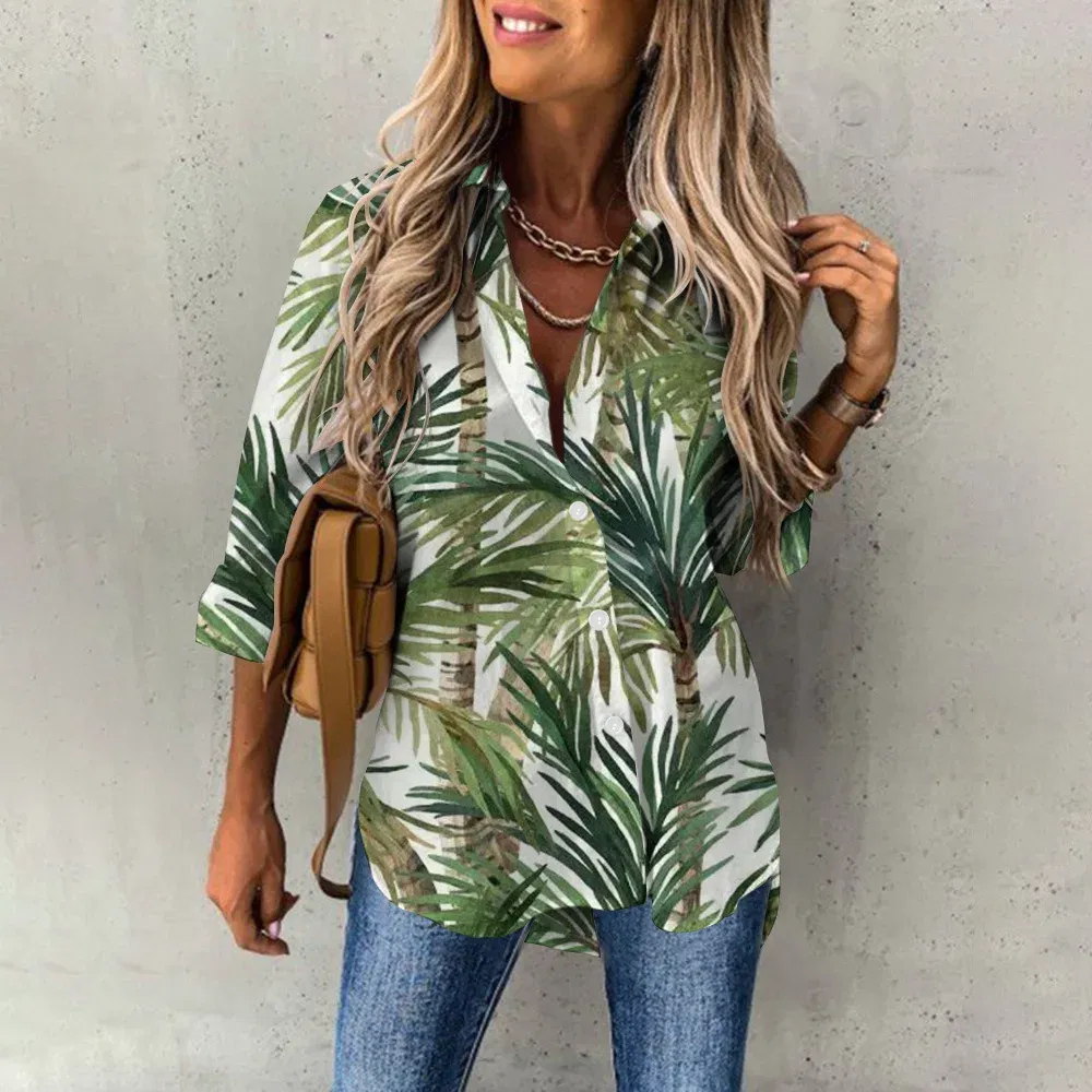 Color: army green, Size: XXXL - Ladies Long Sleeved Shirt Vacation Style Coconut Tree 3D Digital Printed Button Up Collar Loose Casual Ladies Blouse 2024 Autumn
