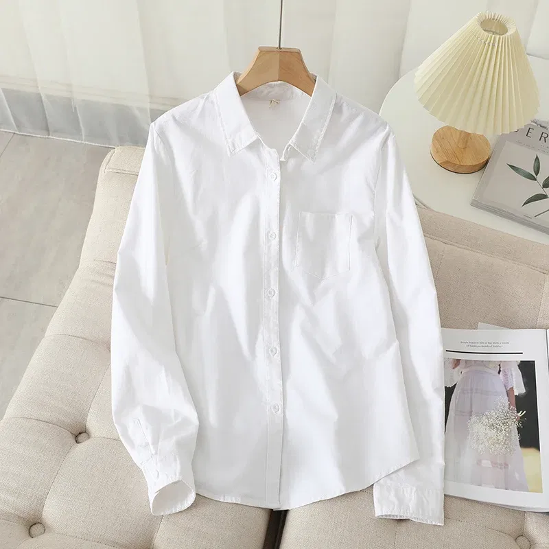 Color: Blue, Size: XL - Women's Casual Cotton Oxford Shirt 2023 New Woman Striped Blouse and Tops Simple Solid Lady White Blue Shirts Clothes
