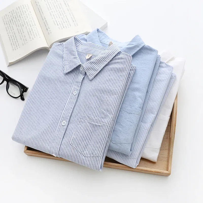 Color: Blue, Size: XL - Women's Casual Cotton Oxford Shirt 2023 New Woman Striped Blouse and Tops Simple Solid Lady White Blue Shirts Clothes