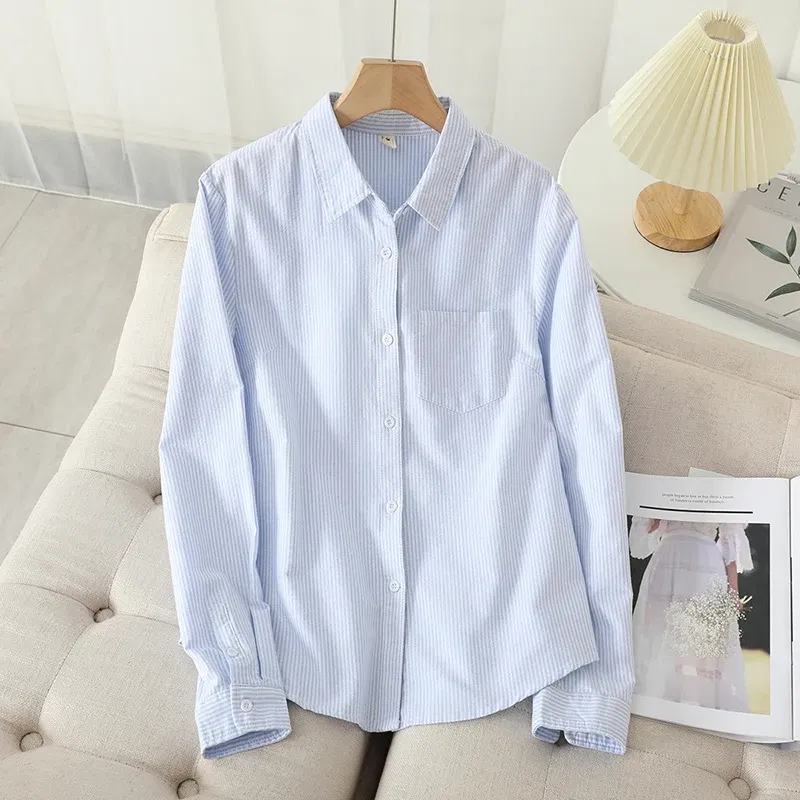 Color: Blue, Size: XL - Women's Casual Cotton Oxford Shirt 2023 New Woman Striped Blouse and Tops Simple Solid Lady White Blue Shirts Clothes