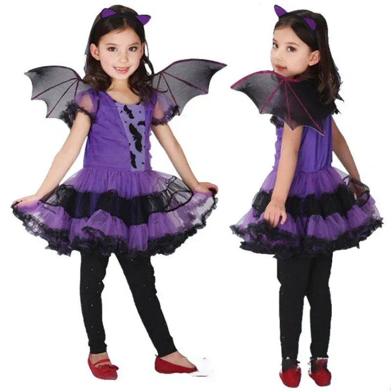 Kid Size: 9, Color: Blue - Halloween Children Purple Vampire Costume Girls Dress Kids Clothes Baby Bat Spider Party Cosplay Headband +Wing Outfit