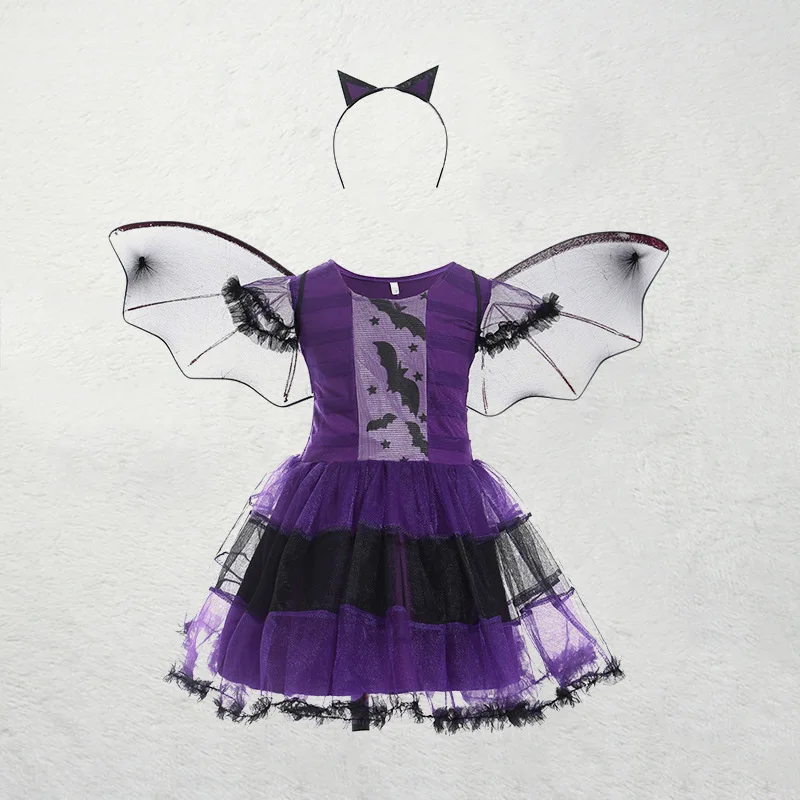 Kid Size: 9, Color: Blue - Halloween Children Purple Vampire Costume Girls Dress Kids Clothes Baby Bat Spider Party Cosplay Headband +Wing Outfit
