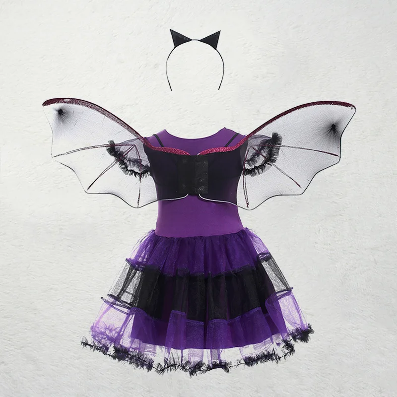 Kid Size: 9, Color: Blue - Halloween Children Purple Vampire Costume Girls Dress Kids Clothes Baby Bat Spider Party Cosplay Headband +Wing Outfit