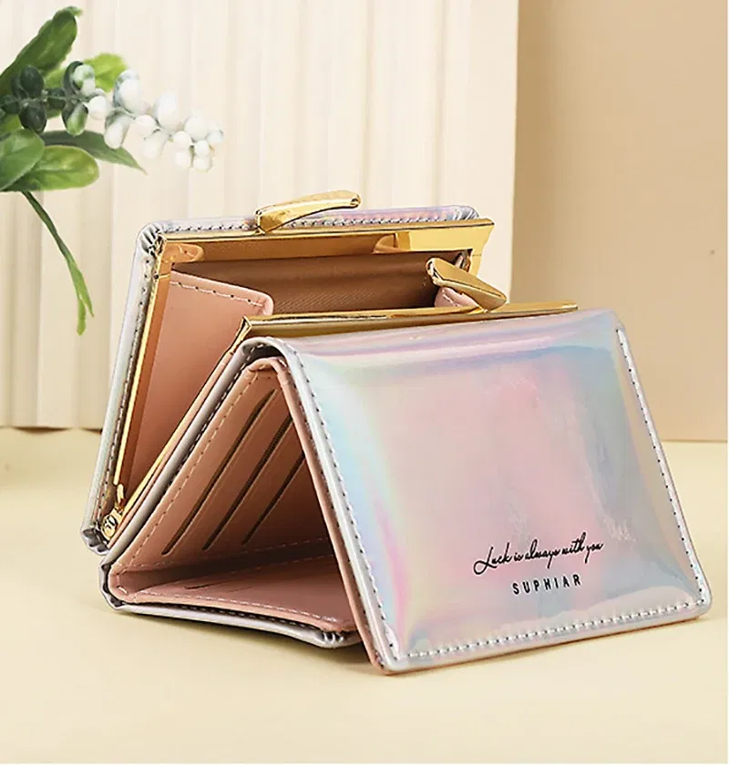 Color: PURPLE - Women'sWallets Fashion Rainbow Credit Card Holder Purses with Coin Pocket for Women Portable Short PU Leather Cute Wallet