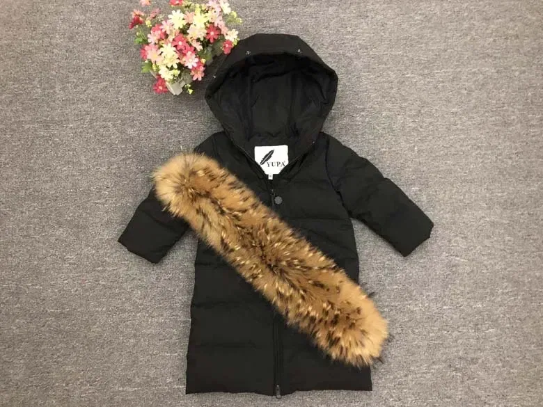 Color: Coffee, Kid Size: 10 - Children Girl boy Winter real fur thickened down jackets 90 down Long Coat jacket overcoat baby kids clothing -30 outwear ws1245