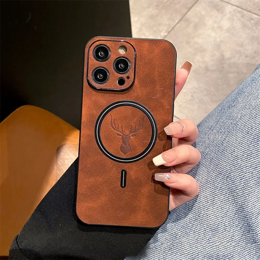 Material: PU, Color: Dark Brown - Luxury For Magsafe Wireless Charging Phone Case For iPhone 15 Pro 14 Plus 13 12 11 Pro Max Elk Magnetic Bumper Protective Cover