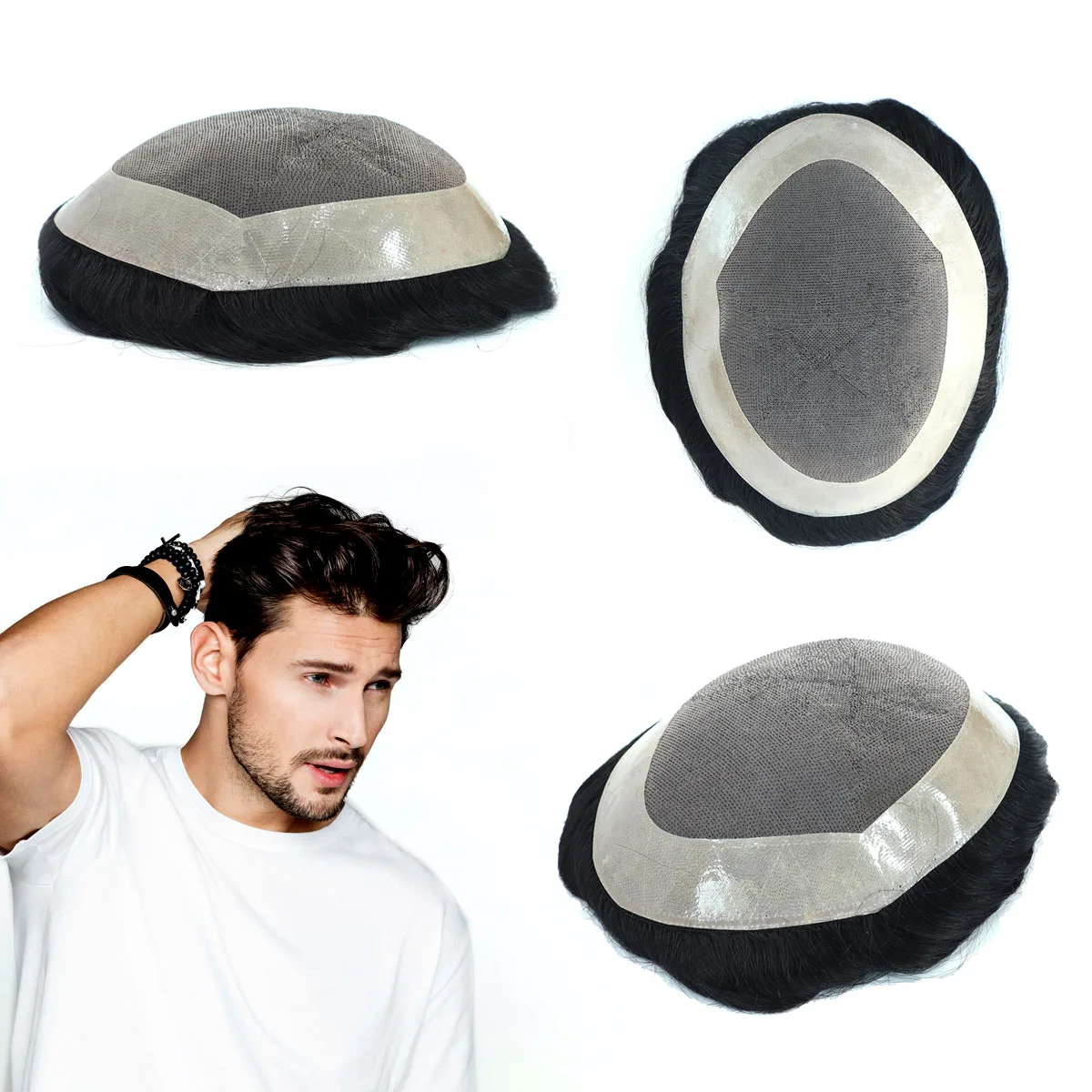 Toupee Color: 1b#, Toupee Density: 130%, Length: 6 inches, Ships From: CN, Toupee Size: 8x10, Toupee Design: free - Hywel 6 Inches Fine Mono Men Toupee Hair Men's Capillary Prosthesis Men's Wigs Replacement System Hair Natural Black Hair Units