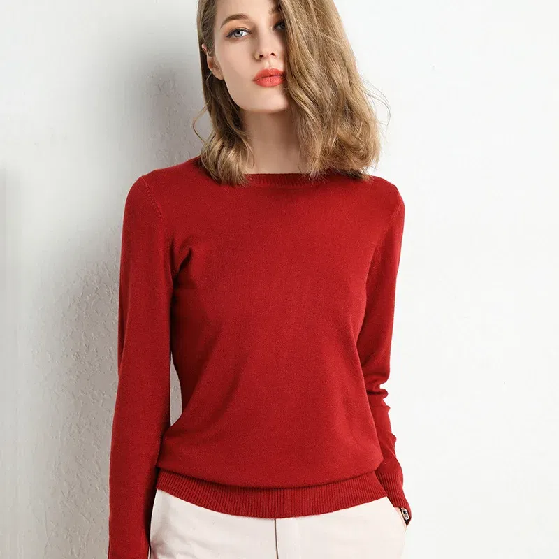 Color: Burgundy, Size: L - Women Slim O-Neck Solid Pullover Cashmere Wool Blending Sweater Autumn And Winter Long-Sleeved Knit Bottoming Shirt Large Size