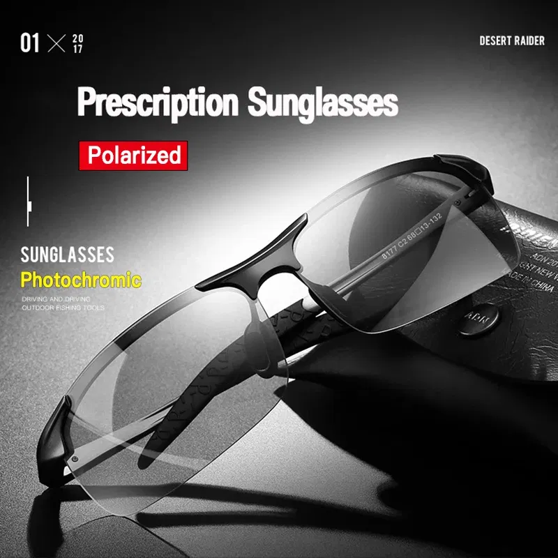 Lenses Color: Blue, Frame Color: Brown - Myopia Photochromic Sunglasses Diopter Polarized Driving Goggle Men Chameleon Change Color transition Prescription Sun Glasses