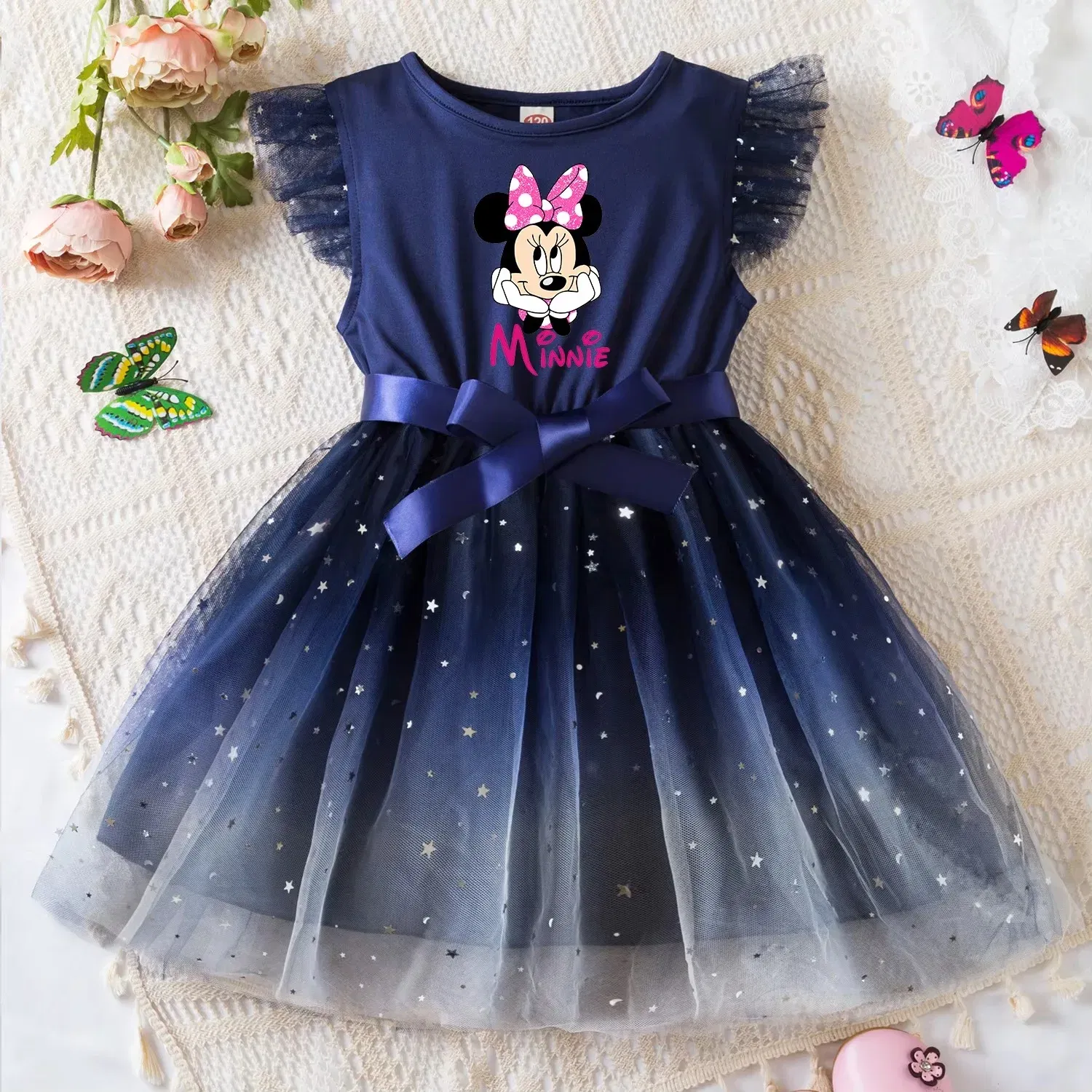 Color: MULTI, Size: L - Mickey Minnie Mouse Girls Summer Clothes Flying Sleeves Bow Sequin Dress 2-6Y Kid Birthday Tutu Princess Dress for Baby Girl