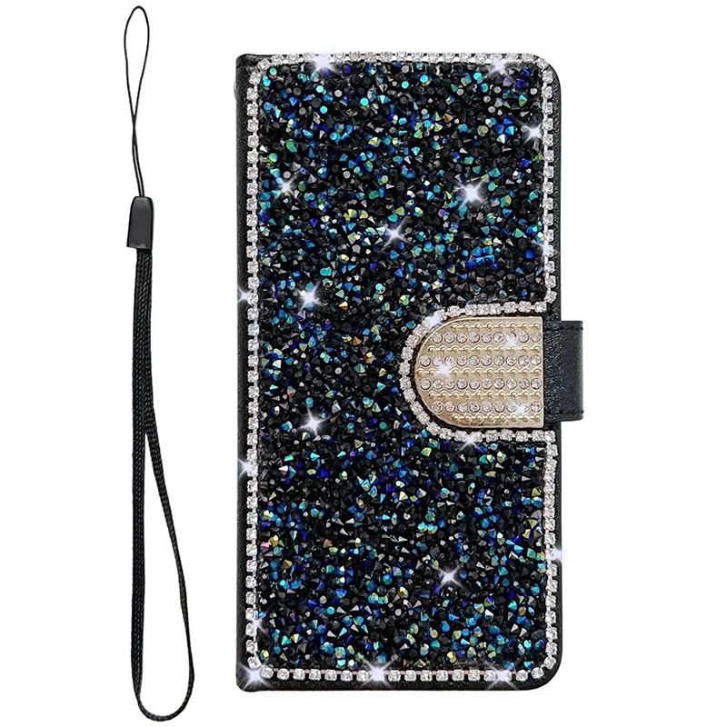 Color: black, Material: Acrylic - Glitter Diamond Wallet Leather Case For Samsung Galaxy A14 A15 A16 A35 A55 A34 A54 S25 Ultra S24 FE S23 S22 S21 S20 Plus