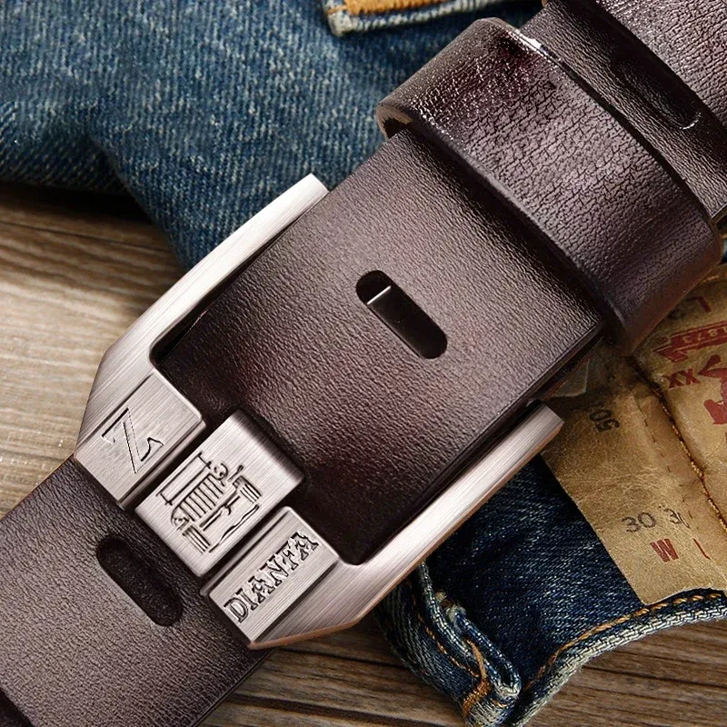 Color: WHITE, Belt Length: 110cm - 130CM Leather Cowhide Men's Belt Fashion Metal Alloy Pin Buckle Adult Luxury Brand Jeans Business Casual Waist Male Strap Brand