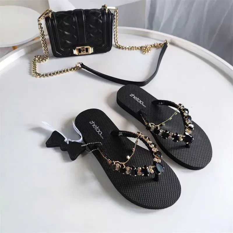 Color: Black, Shoe Size: 35 - Outdoor Leisure Flip Flops Women 2024 Summer Fashion Lady Beach Shoes Luxurious Rhinestone Embellished Women's Flat Slippers