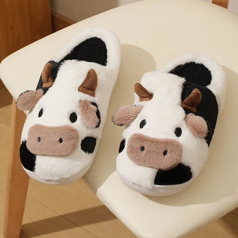 Color: black, Shoe Size: 36 - New Winter Unisex Cartoon Cow Warm Plush Slippers Couple's Indoor Non-slip House Mule Men And Women Toe Wrap Home Cotton Shoes