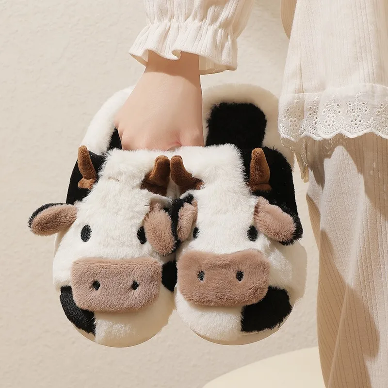 Color: black, Shoe Size: 36 - New Winter Unisex Cartoon Cow Warm Plush Slippers Couple's Indoor Non-slip House Mule Men And Women Toe Wrap Home Cotton Shoes