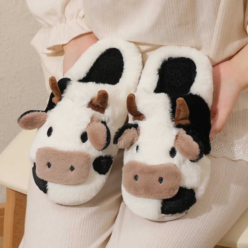 Color: black, Shoe Size: 36 - New Winter Unisex Cartoon Cow Warm Plush Slippers Couple's Indoor Non-slip House Mule Men And Women Toe Wrap Home Cotton Shoes