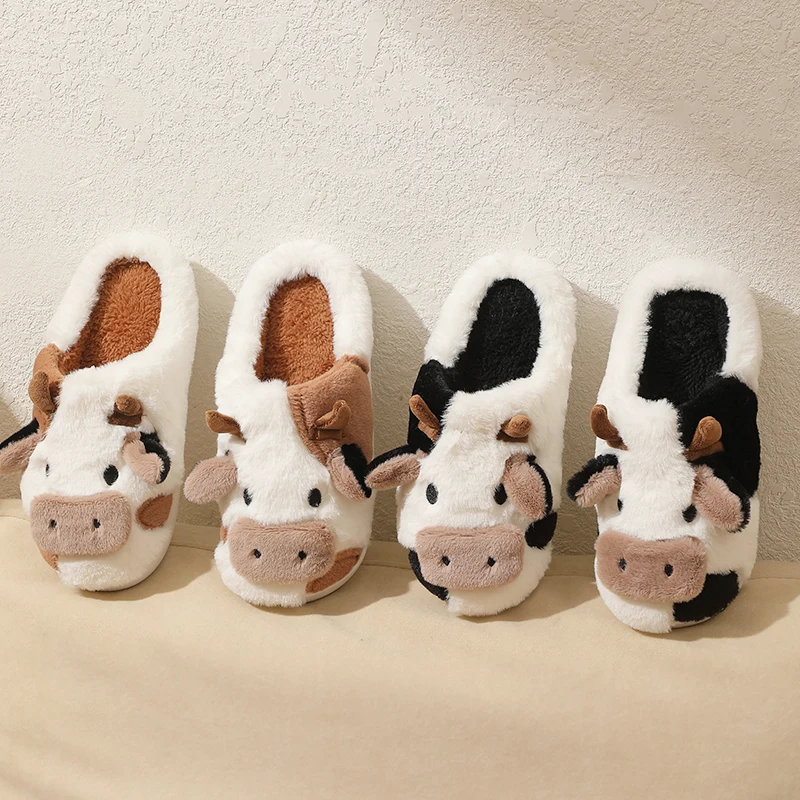 Color: black, Shoe Size: 36 - New Winter Unisex Cartoon Cow Warm Plush Slippers Couple's Indoor Non-slip House Mule Men And Women Toe Wrap Home Cotton Shoes