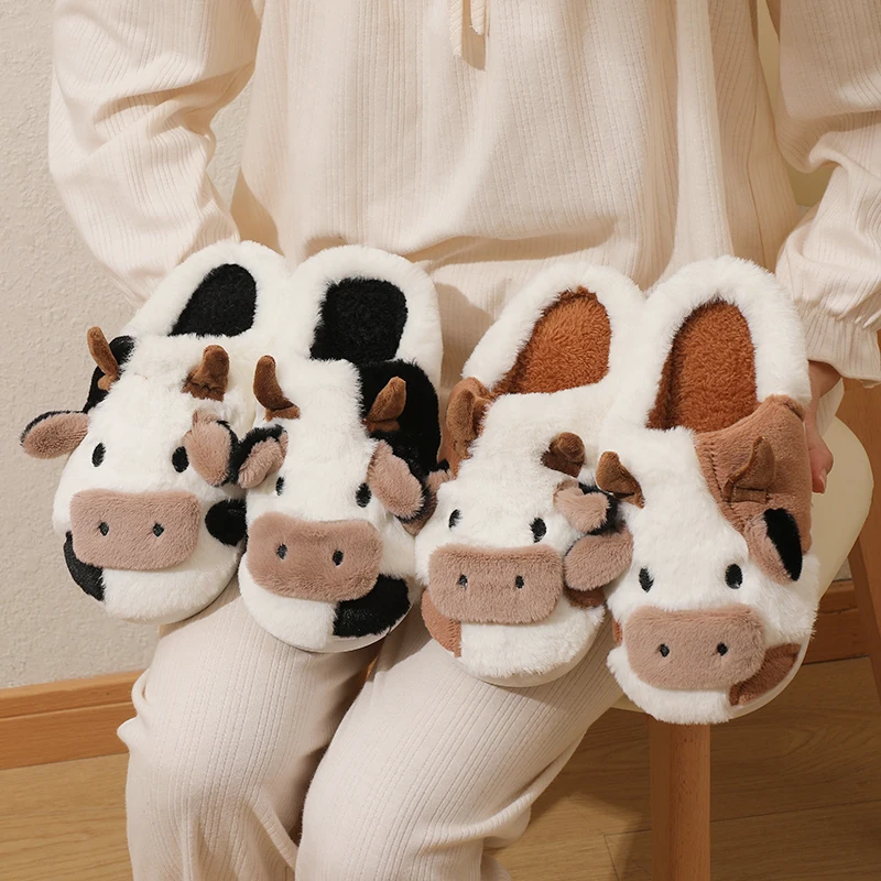 Color: black, Shoe Size: 36 - New Winter Unisex Cartoon Cow Warm Plush Slippers Couple's Indoor Non-slip House Mule Men And Women Toe Wrap Home Cotton Shoes