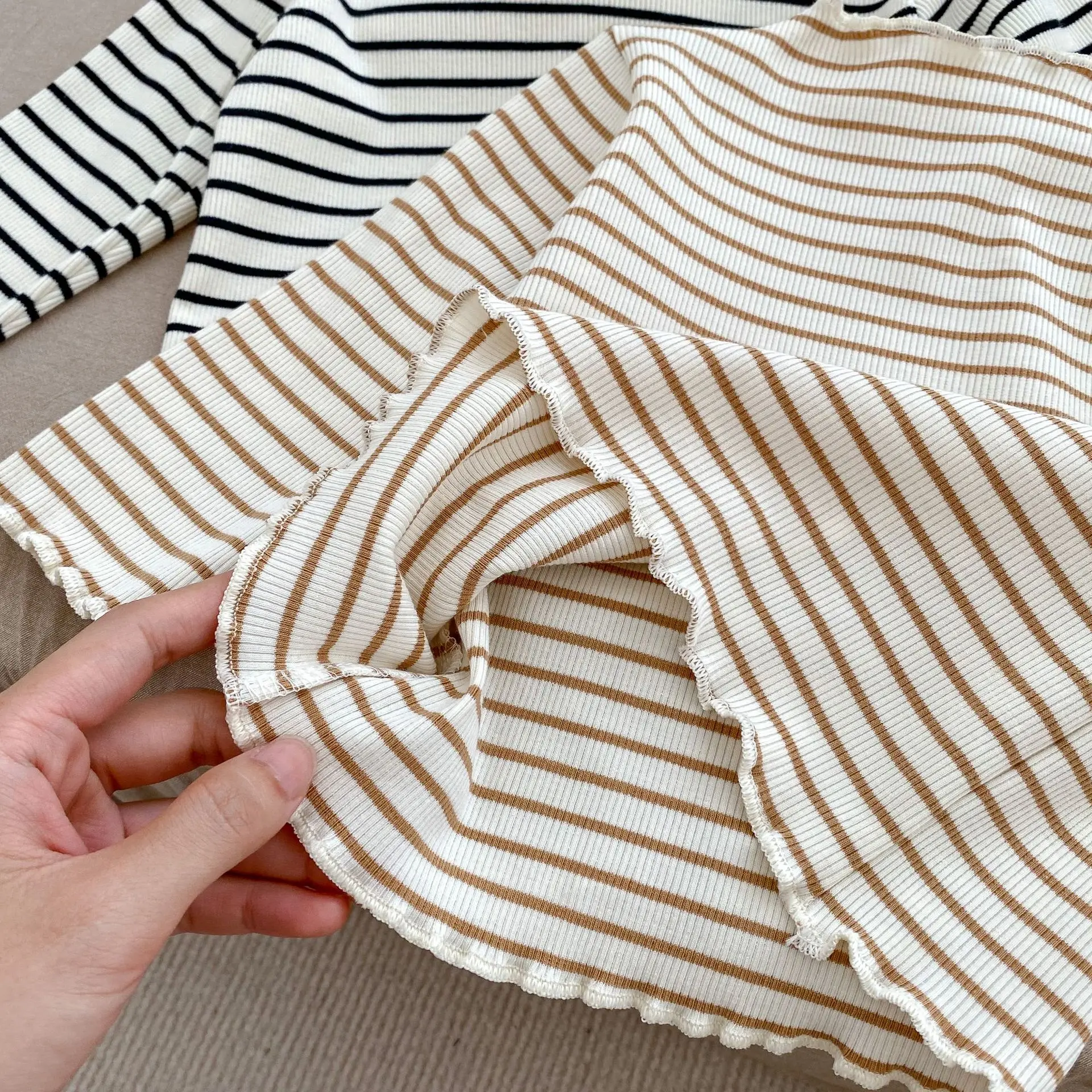 Color: Brown, Kid Size: 12M - New Baby Long Sleeve T Shirt Girls Cotton Casual Tees Infant Ruffled Versatile Shirts Kids Floral Striped Bottoming Tops
