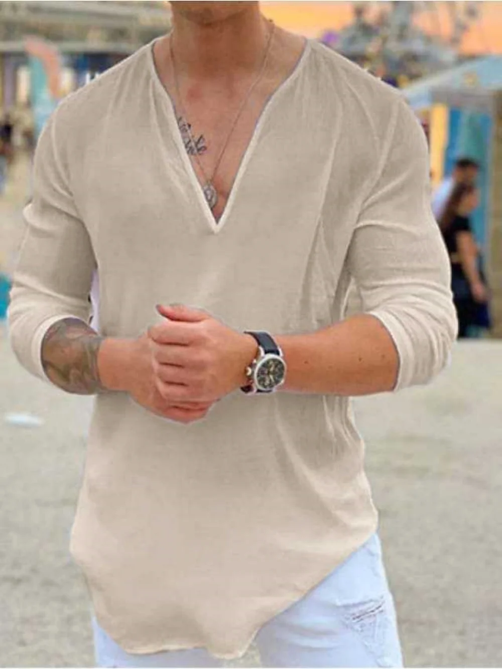 Color: black, Size: XXL, Ships From: CHINA - New men's Casual Shirt Trend Fashion V-Neck Loose Street Style Solid Color Long-Sleeved Pullover Spring And Autumn Tops