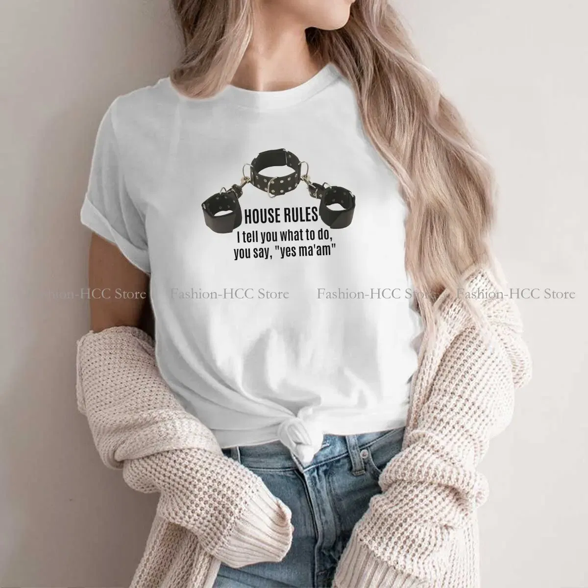 Color: WHITE, Size: XL - BDSM Bondage Discipline Dominance Submission Polyester TShirts Collar Cuffs House Rules Female Print Homme T Shirt Hipster Tops