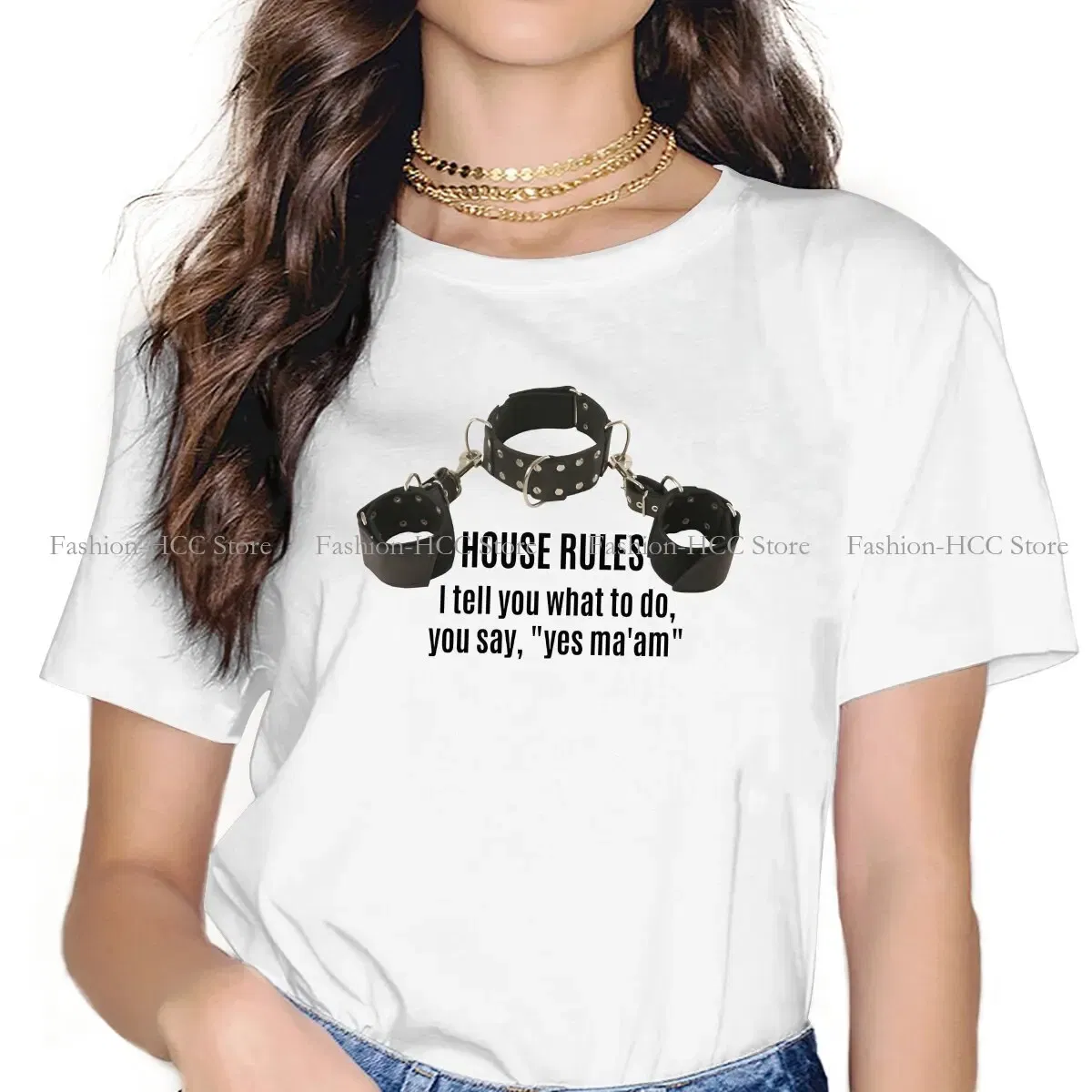 Color: WHITE, Size: XL - BDSM Bondage Discipline Dominance Submission Polyester TShirts Collar Cuffs House Rules Female Print Homme T Shirt Hipster Tops