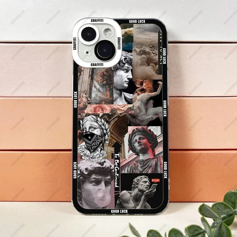 Color: Blue, Material: Neoprene - Aesthetic Statue Art Phone Case For iPhone 16 15 14 13 12 11 Pro Max XS X XR Plus Mini Luxury Transparent Soft Funda